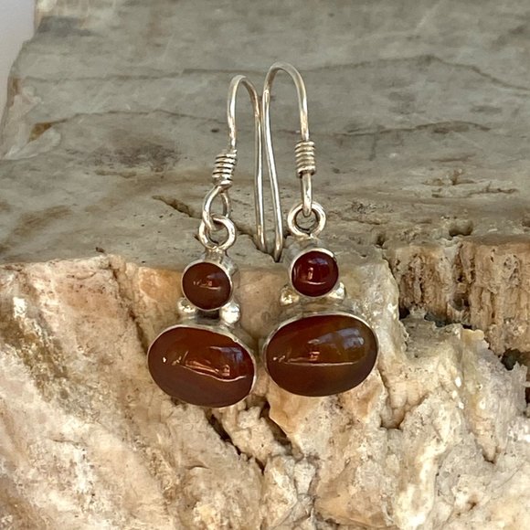 Sterling Silver 950 1.26" Oval Bezel Set Carnelian Gemstone Dangle Earrings 3.5g - Picture 3 of 16
